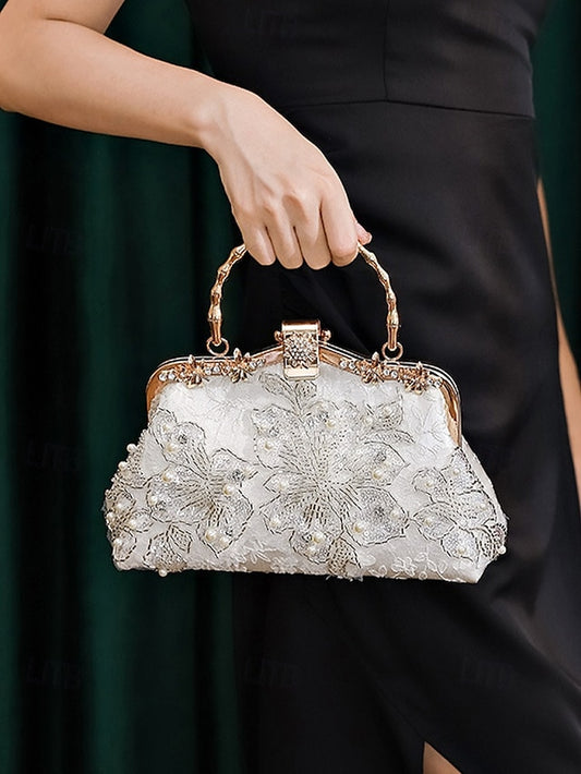 with White Floral Elegant Evening and Pearl Lace Handbag