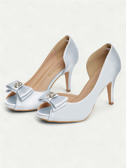 and Toe with Peep Satin Bow Champagne Heels Women's