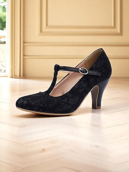 Mid T-Strap Lace Vintage Ivory Pumps-1920s Heel Women's