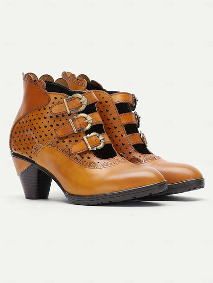 Boots Perforated Buckle Brown Women's - Vintage Strap Ankle