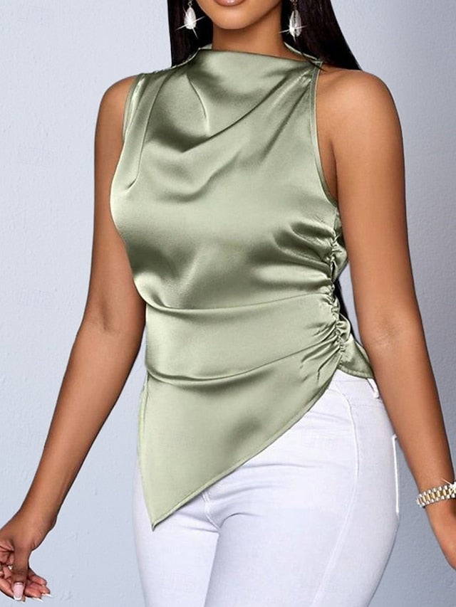 Women's Shirt Satin Shirt Blouse Sleeveless Shirt Plain
