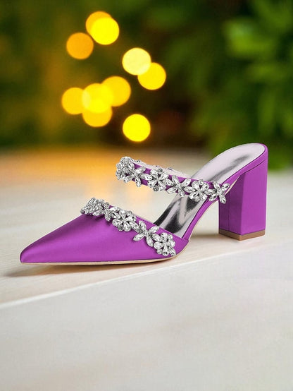 Floral Black Women's Block with Mules Rhinestone Heel Satin