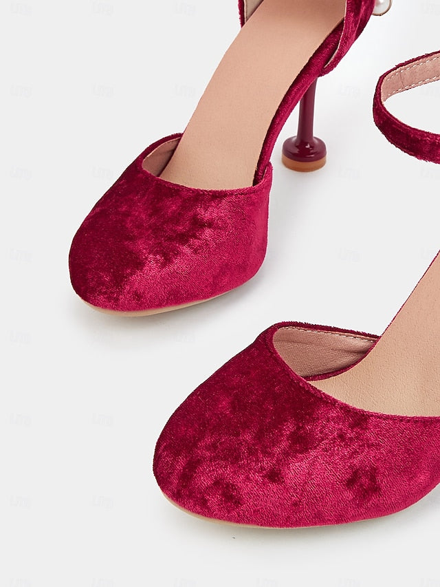 Women's with Burgundy Big Bow Jane Mary and Velvet Heels
