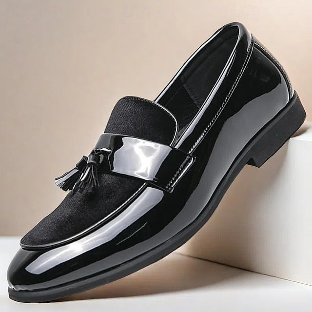 Men's Loafers Velvet Black Tassel Patent Leather – Faux