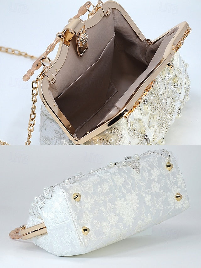 with White Floral Elegant Evening and Pearl Lace Handbag