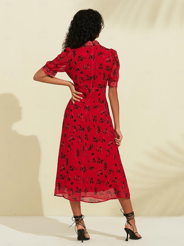 Chiffon Floral Print Puff Sleeve Midi Dress