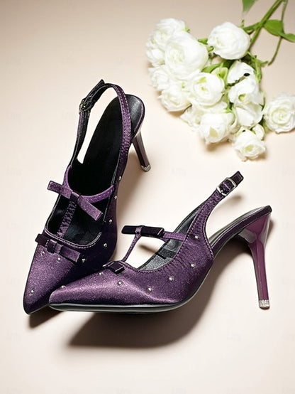 Heels Women's Purple and with T-Strap – Bows Satin Studs