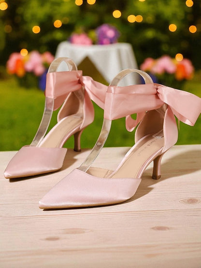 Ribbon Shoes Heel Women's with Pointed-Toe Kitten Satin