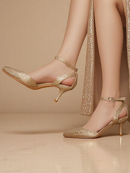 Strap Glitter Ankle Women's Heels Gold