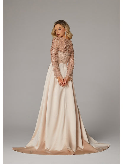 Evening Long Dress Gown Mermaid RuchedSatin Sleeves Sequin