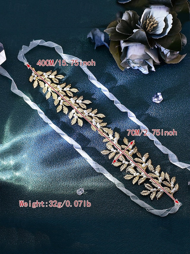 Accents Elegant Leaf with Pearl Bridal Gold Belt –