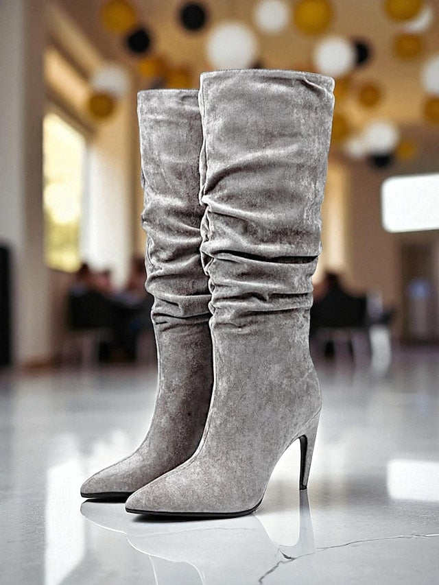 Women's Boots Pointed Velvet Slouch Knee - High Green Toe