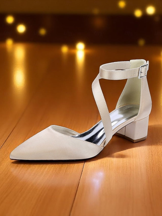 - Heels Pointed Toe Champagne Block Women's Satin
