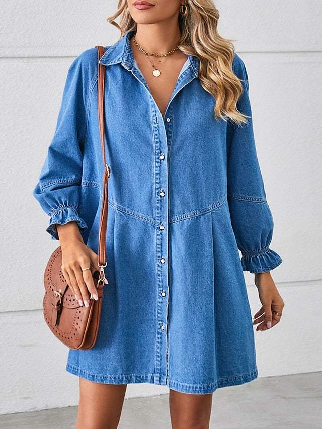 Women's Denim Dress Mini Dress Button Casual Shirt Collar