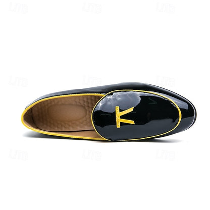 Leather Black Men's Patent Yellow Trim Loafers Faux with
