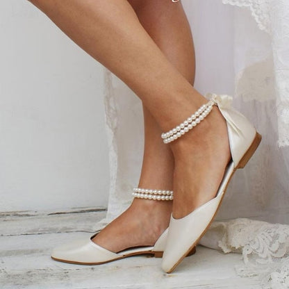– Elegant Strap Bridal Ankle Flats White Women's Pearl