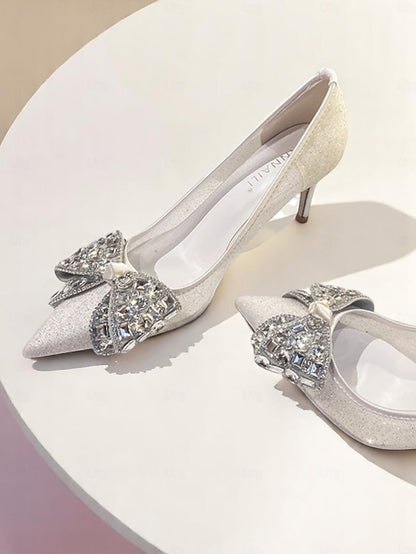 Women's Heels Bow Rhinestone High with Glitter