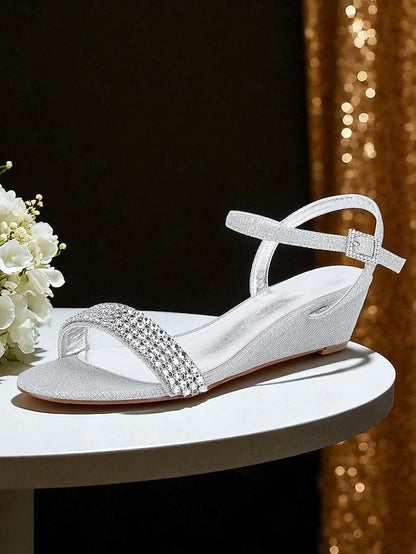 Wedge - Rhinestone Toe Women's Champagne Open Sandals