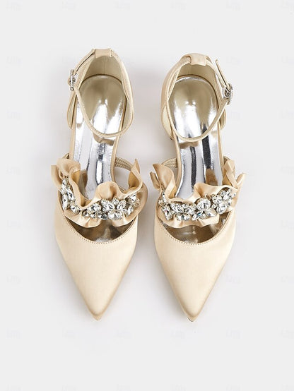 Black Rhinestone Flats Pointed-Toe Satin Women's with