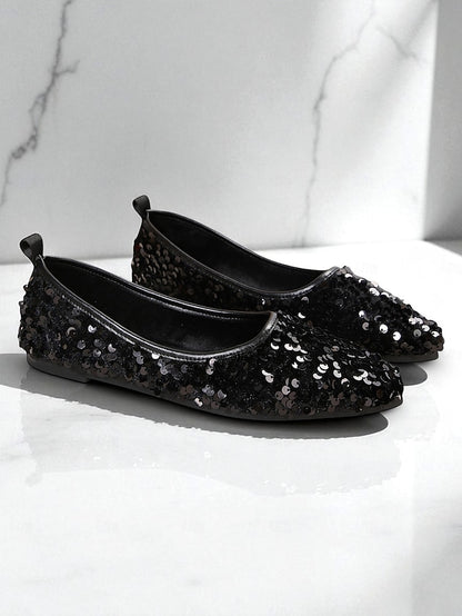 Ballet Sequin Women's - Toe Pointed Flats Black Sparkly