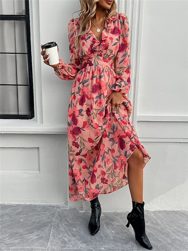 Women's Floral V Neck Maxi Dress Long Sleeve Summer Spring