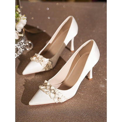 Satin Heel Ruffle with Women's White Pumps Pointed High Toe