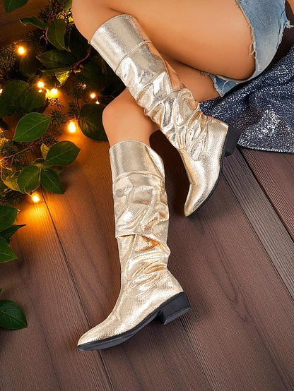 High Gold Slouch - Women's Metallic Shiny Knee Party Boots