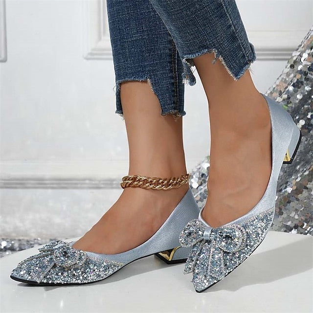 Women's Glitter Flats Rhinestone Detail - Elegant Bow with