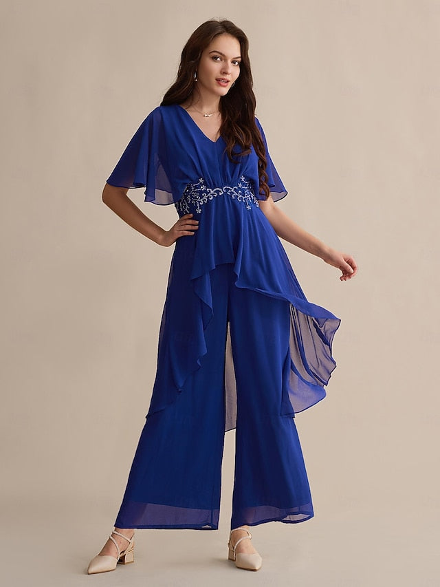 Guest Wedding Cuff Embroidered Chiffon Royal Blue Sequin Flare