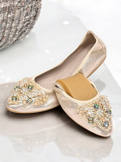 Gold Flats with Women's Crystal Foldable Glitter