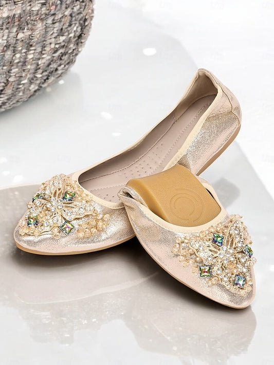 Gold Flats with Women's Crystal Foldable Glitter