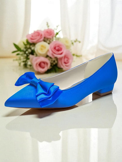 Satin Toe Pointed Green Bow Elegant - Women's Flats