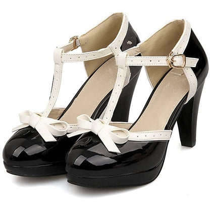 Heels Women's Black with Leather Patent White T-Strap High