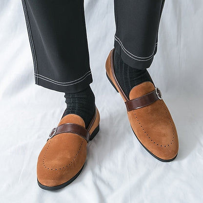 Men's Suede Brown Slip-On with Buckle Faux Strap Loafers
