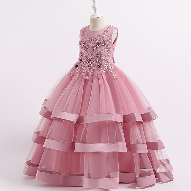 Wedding Girls' Colored Solid Sleeveless Party Kids Dress