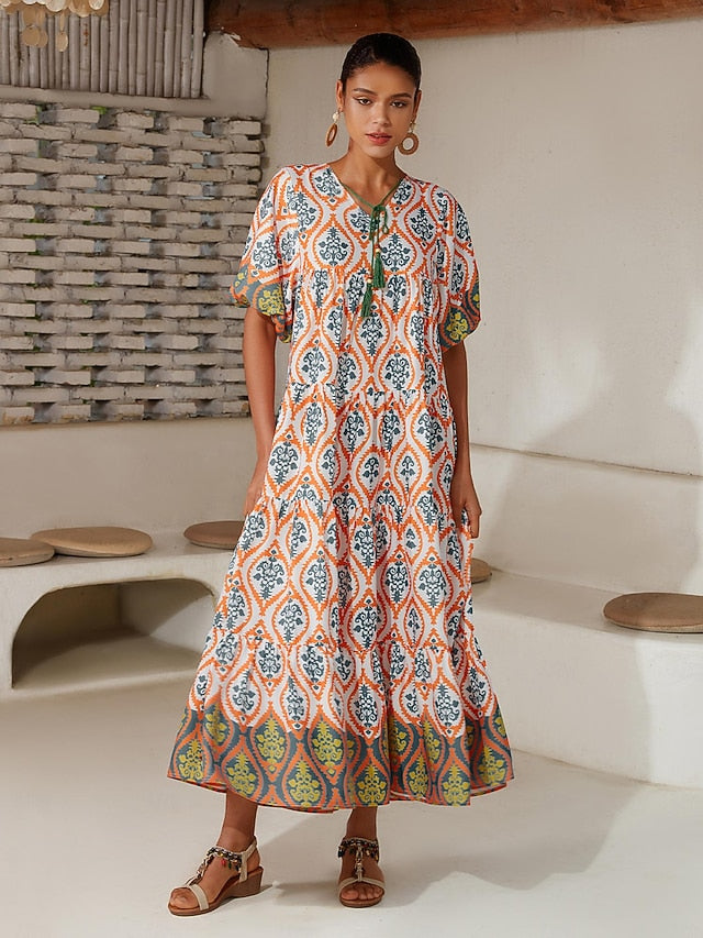 Satin Rainbow Totem Print Swing Maxi Dress