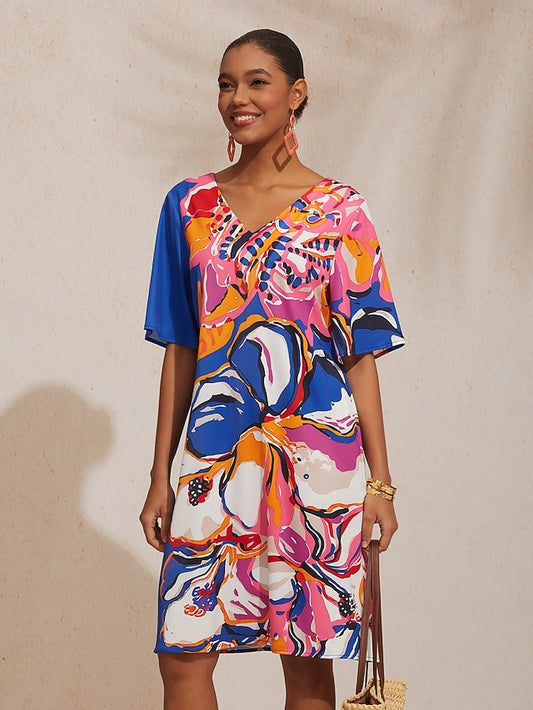 Vacation Artistic Floral Fitted Waist Satin Mini Dress