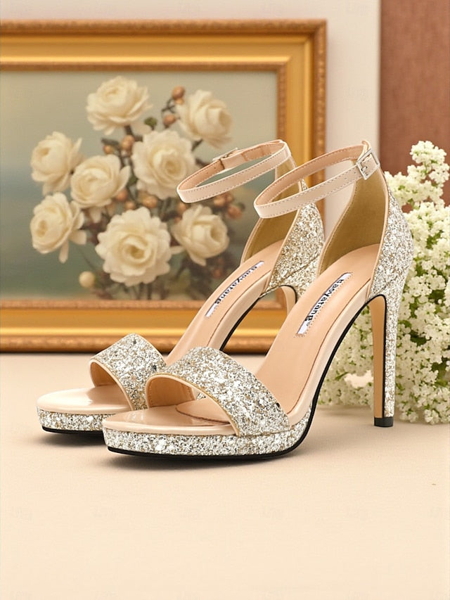 Women's Strap Sandals Ankle Silver High Heel with Glitter