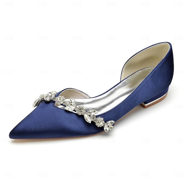 Toe White Shoes with Pointed Wedding Satin Flat and Crystal