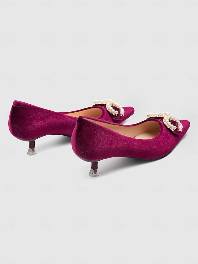 Bow Kitten with Pearl Pumps - Velvet Burgundy Heel Women's
