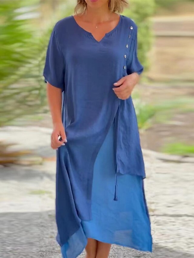 Women's Blue Black Pink Summer Spring Midi Dress Cotton