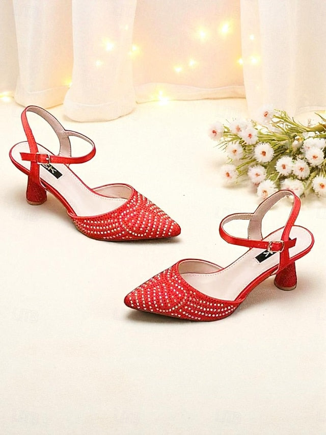Toe Red Pointed Women's Heels Slingback Rhinestone