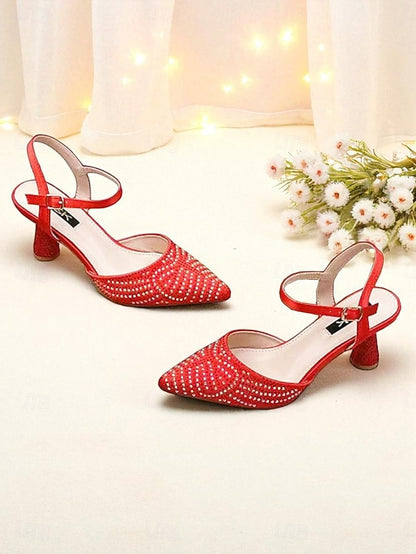 Toe Red Pointed Women's Heels Slingback Rhinestone