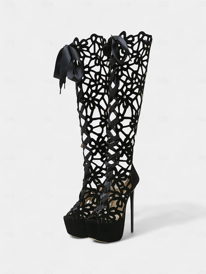 Cutout Stiletto Knee Sexy Platform Peep Women's High Boots