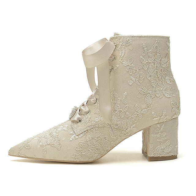 Lace-Up Embroidered Floral White – Women's Bridal Booties