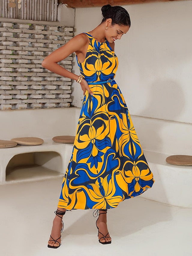 Satin Leaves Sleeveless Maxi Dress (No Belt)