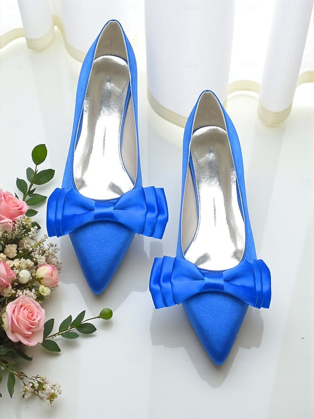 Satin Toe Pointed Green Bow Elegant - Women's Flats