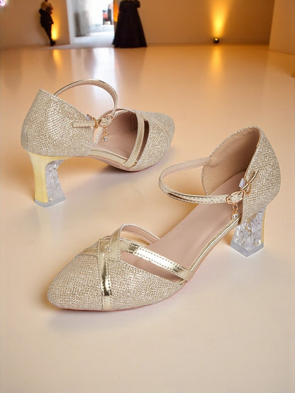 Ankle Elegant Strap Heel Pumps Gold Block Glitter Women's -