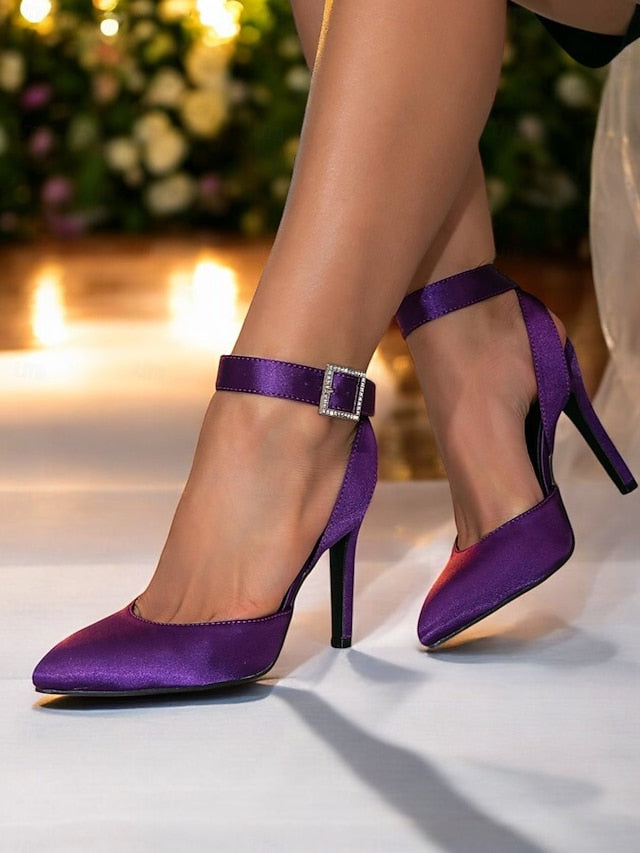 Strap Heels Women's Pointed Purple Ankle Toe – Satin