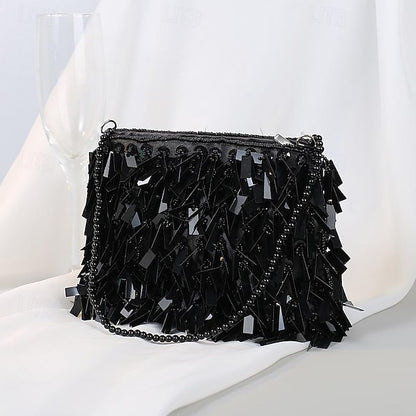 Sparkling Fringe Black Clutch with Evening and Crystal Luxurious